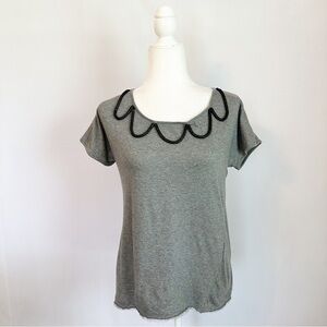 Lerario Beatriz Gray Black Silk Slooping Beaded Short Sleeve Scoop Neck Top